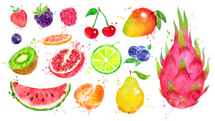 Watercolor illustration set of whole and half of fruit