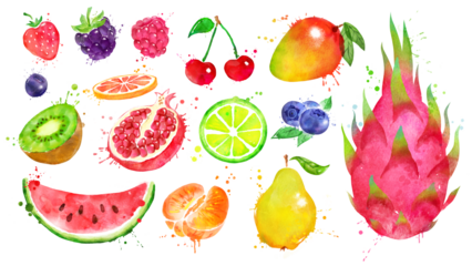 Watercolor illustration set of whole and half of fruit