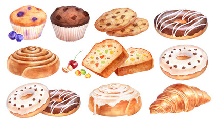 watercolor collection of baked pastry items