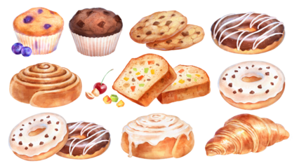 watercolor collection of baked pastry items