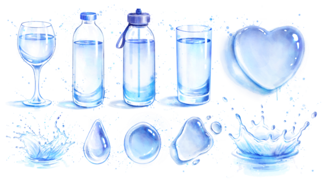 Watercolor illustration set water bottles and splashes - Powered by Adobe