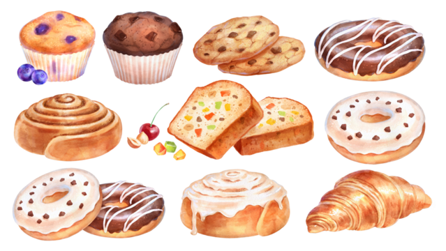watercolor collection of baked pastry items - Powered by Adobe
