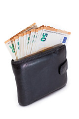Black Leather Men Wallet with Fifty Euro Banknotes Inside - Isolated on White Background. A Purse Full of Money Symbolizing Wealth, Success and Social Status - Isolation