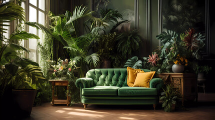 Fototapeta na wymiar A green couch and chairs with plants in them and a potted plant in the middle of the room
