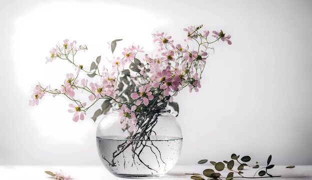 A Group Of Pink Flowers In A Vase On A White Background With A White Background And A Green Stem