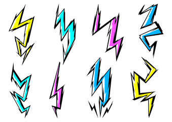 Set of cartoon lightnings. Grunge graffiti stylized image of natural phenomenon.