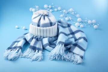 A blue and white hat and scarf on a blue background, garland of glass balls. Concept handmade knitted accessories, gift, Christmas.