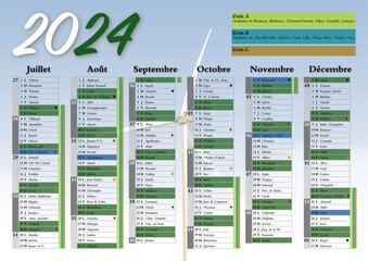 Calendrier 2024 A4 semestre 2 avec vacances scolaires, jours fériés, saints du jour, phases lunaires et numéros de semaine décor éolienne