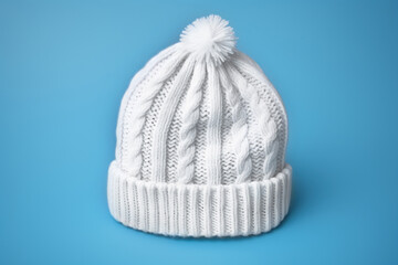 Fototapeta na wymiar A white knitted winter hat with a white pom - pom and with a beautiful pattern on a blue background with copy space. Concept handmade knitted accessories.
