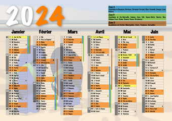 Calendrier 2024 A4 semestre 1 avec vacances scolaires, jours fériés, saints du jour, phases lunaires et numéros de semaine ambiance plage et tongs