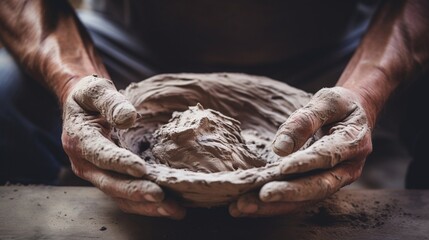 A close-up of a potter's hands shaping a lump of clay into a beautifully textured bowl, highlighting the transformative process of turning raw material into functional art. - obrazy, fototapety, plakaty