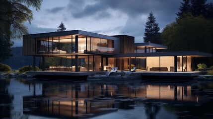 Fototapeta na wymiar A modern architectural marvel with a sleek design, reflecting in the still waters of a surrounding serene lake at twilight.