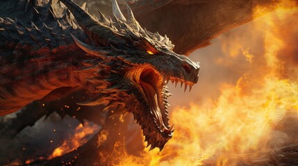 Formidable dragon spewing torrents of fiery breath in a thunderous roar. Mythical, intense, fire-breathing, fierce, legendary creature, fantasy, inferno, mythical beast. Generated by AI. - obrazy, fototapety, plakaty