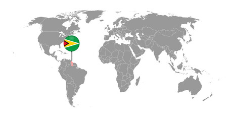 Pin map with Guyana flag on world map. Vector illustration.