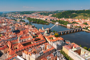 Aerial of Prague city with Vltava River Czech Republic