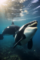 Fototapeta premium Pair orcas, underwater view.