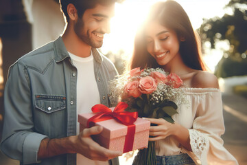 Valentine's Day, a handsome man giving presents and flowers to a happy, beautiful woman, in the sunlight.  - Powered by Adobe
