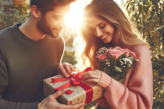 On Valentine's Day, a handsome man gives present and flowers to a happy, beautiful woman in the sunlight. Unwrapping a gift, smiling. Romantic concept
