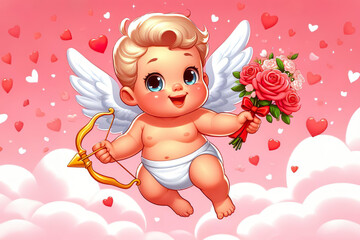 Cute Adorable Cupid cartoon character. Amur babies, little angels. Valentine's Day concept design. Adorable angel in love with roses and a bow and arrow in his hands. Pink background in clouds