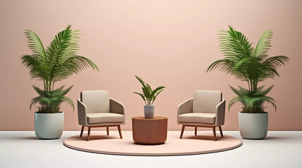 A set of three chairs and a table with a plant in it and a potted plant in the middle;