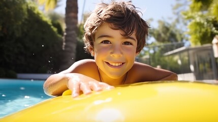 A little boy slides down a water slide and having fun.