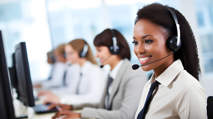 A customer service team working in a call center with headsets and computers. - obrazy, fototapety, plakaty