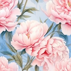 Seamless pattern of soft pink watercolor peonies, illustration