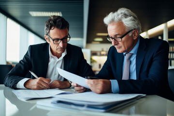 Mature business executive colleagues doing paperwork. - obrazy, fototapety, plakaty