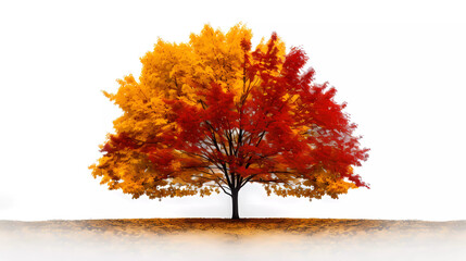A tree with red and yellow leaves on it's branches and a white background with a white sky in the background