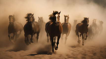 A herd of horses running on the sand storm.