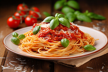 Spaghetti with tomato sauce served in plate. Generative AI