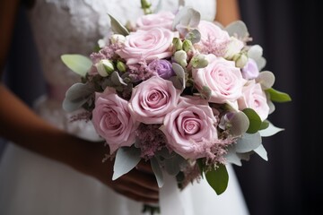 Obraz premium Beautiful fresh bouquet of flowers in the hands of the bride close-up