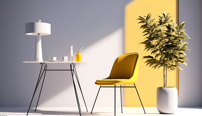 A yellow chair and a white table with a plant in it and a lamp on the side of the table
