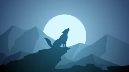 Fotobehang Wildlife wolf landscape vector illustration. Scenery of wolf howling silhouette in the cliff. Wolf wildlife panorama for illustration, background or wallpaper © Moleng