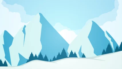 Fotobehang Snowy mountain landscape vector illustration. Scenery of snow covered mountain in winter season. Winter mountain panorama for background, wallpaper or illustration © Moleng