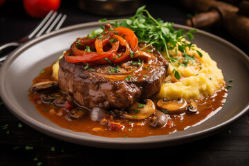 Steak with mushroom sauce and mashed potato. Generative AI - Powered by Adobe