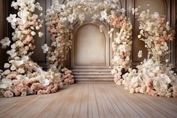 Wedding altar decorated with flowers, place of wedding ceremony