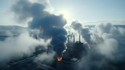 Aerial photography of a large industrial factory that emits a lot of smoke and dust pollution, air pollution concept.