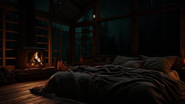Rain on window storm in forest at night cozy rainy cabin bedroom ambience with fireplace and forest view1