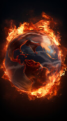 Globe on fire on black background, global warming and climate change concept. - obrazy, fototapety, plakaty