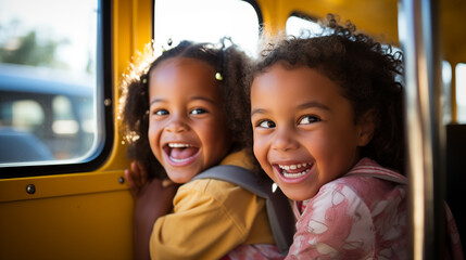 Smiling kids in school bus. Generative AI - obrazy, fototapety, plakaty