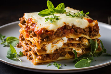 Lasagne bolognese on a plate, dish in a restaurant or cafe.