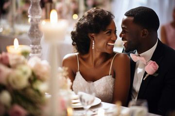 African American bride and groom at a wedding taking pictures together.