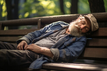 Hobo man sleeps on a bench.