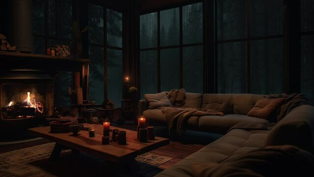 A cabin on a rainy night with a cozy atmosphere and a crackling fireplace. Generative AI
