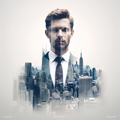 Overlay image of businessman and large city, business competition concept.