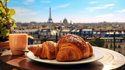 Croissant on a porcelain plate, traditional food in Paris. Beautiful city background. Eiffel Tower. Romantic setting. - obrazy, fototapety, plakaty