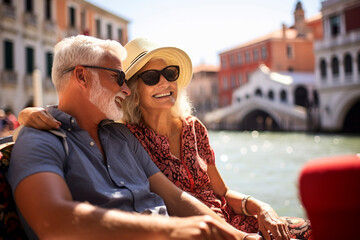 A middle-aged husband and wife sit in a gondola and admire the canals of Venice. - obrazy, fototapety, plakaty