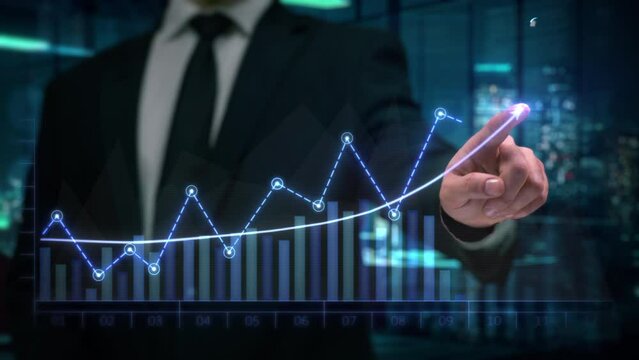 Male Financial Broker in Suit Drawing an Ascending Line and Bar Graph showing Quarter Profits 2024 Earnings Forecast. Record Earnings, Corporate Growth, Business Success. Virtual Augmented Reality. 
