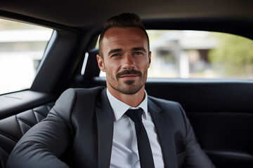Fototapeta na wymiar Smiling happy businessman in elegant suit at taxi. Generative AI